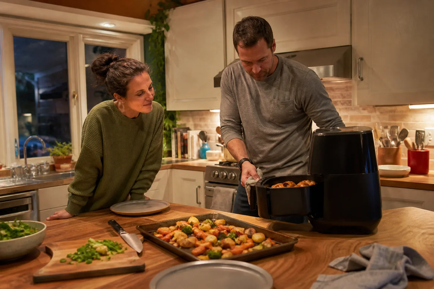 Unbranded air fryer beside vegetables and a family dinner tray on a practical kitchen counter