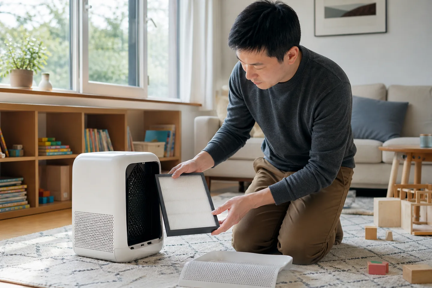Unbranded air purifier placed with clear airflow in a measured family living room while parents and children relax