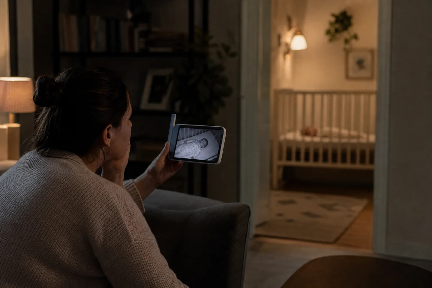 Baby monitor screen on a bedside table showing an unbranded nursery view in a calm home