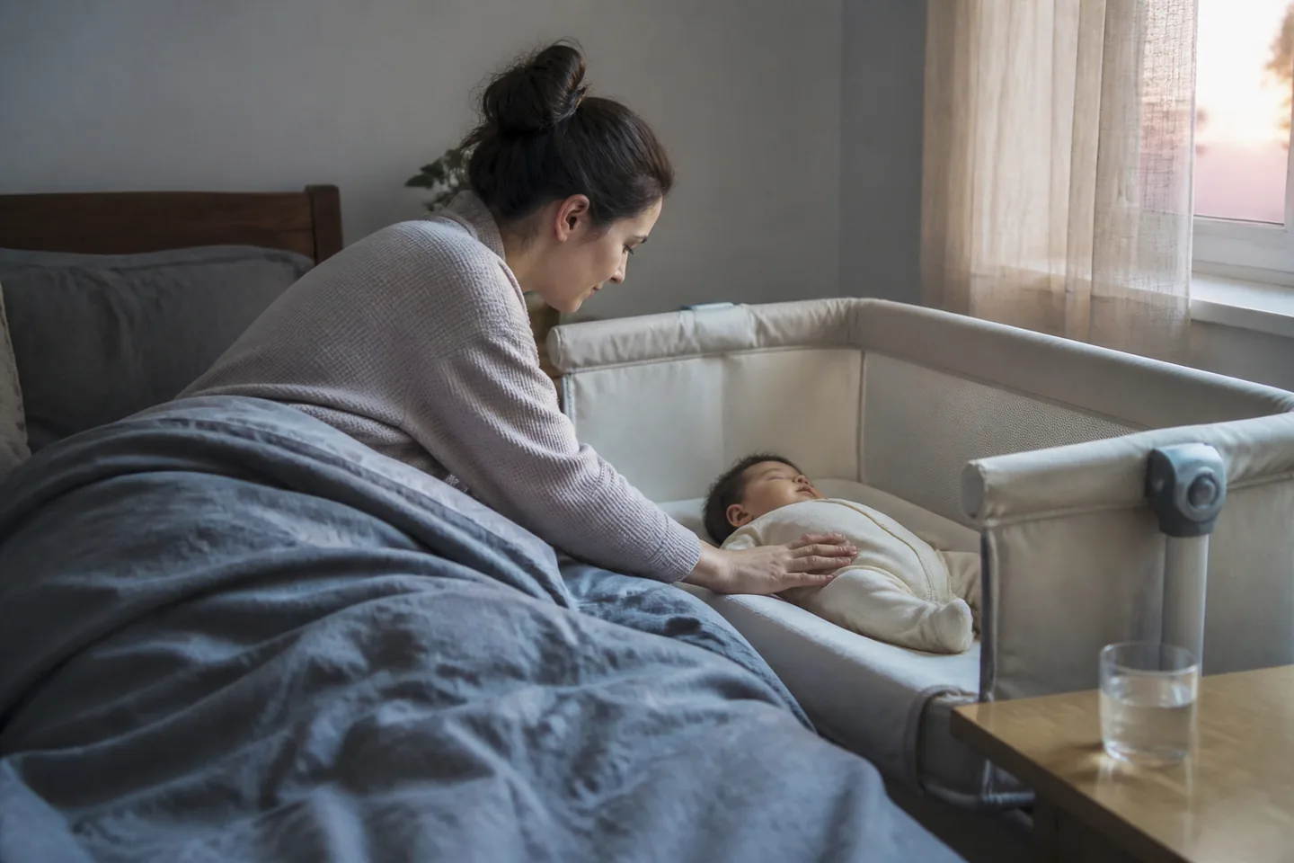 Unbranded bedside bassinet positioned in a measured clear space beside an adult bed