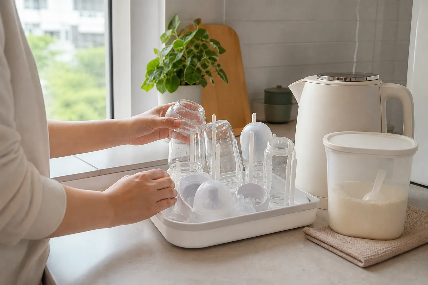 Caregiver arranging washed baby bottles and small feeding parts on a clean drying rack beside the kitchen sink