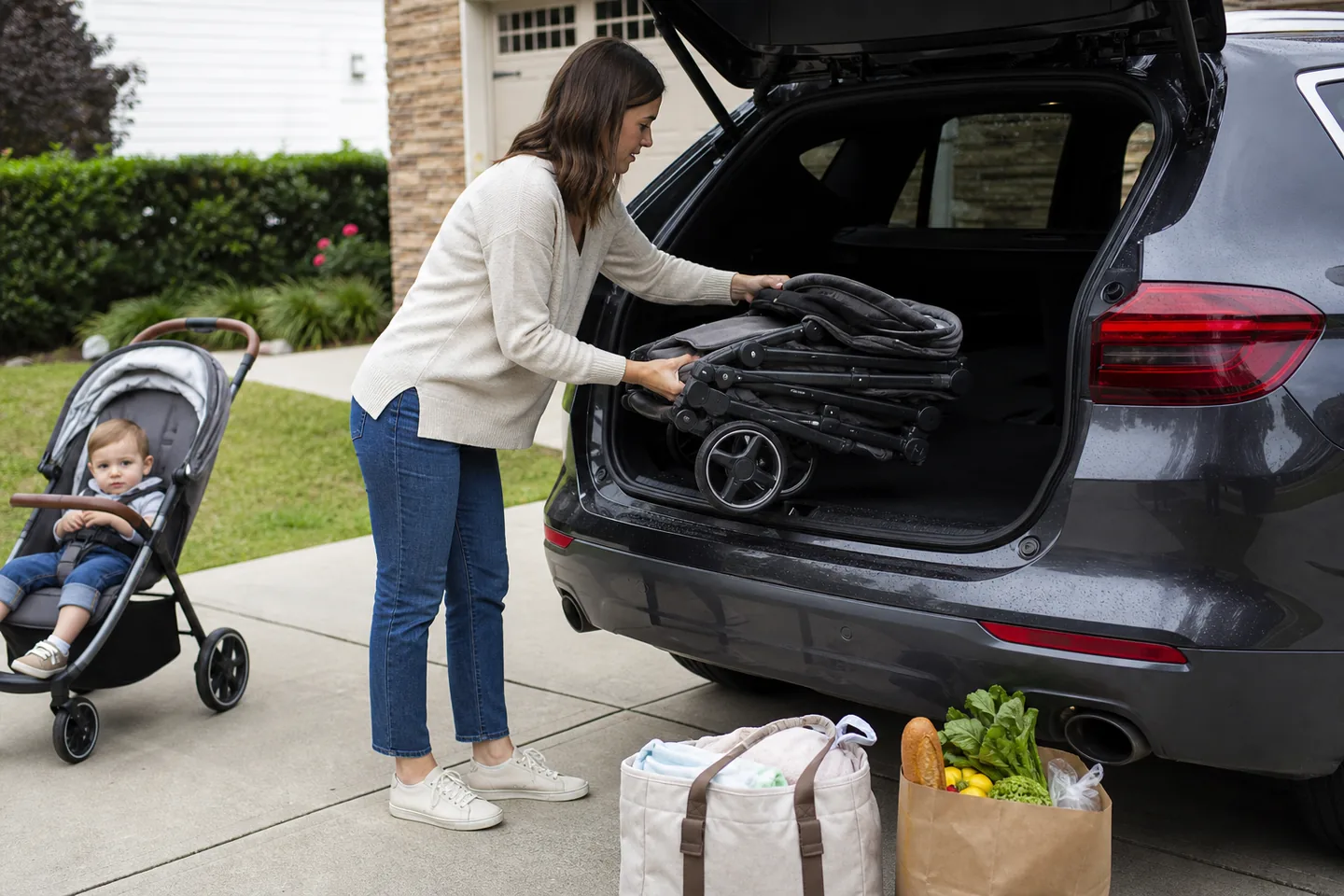 Parent folding a compact unbranded stroller near a small apartment entry and car boot