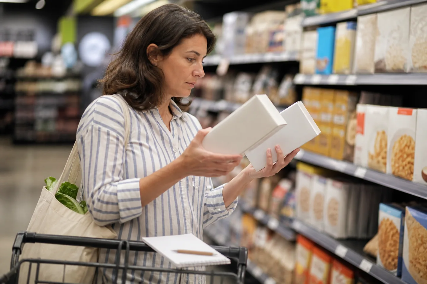 Shopper comparing pack size and unit labels on everyday grocery staples in a bright supermarket aisle