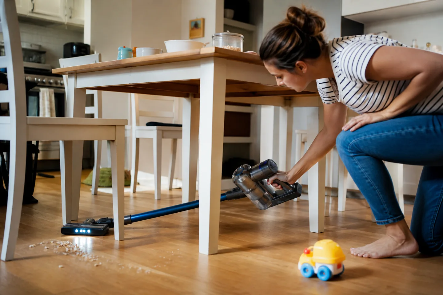 Cordless stick vacuum used for breakfast crumbs across a bright kitchen and small rug
