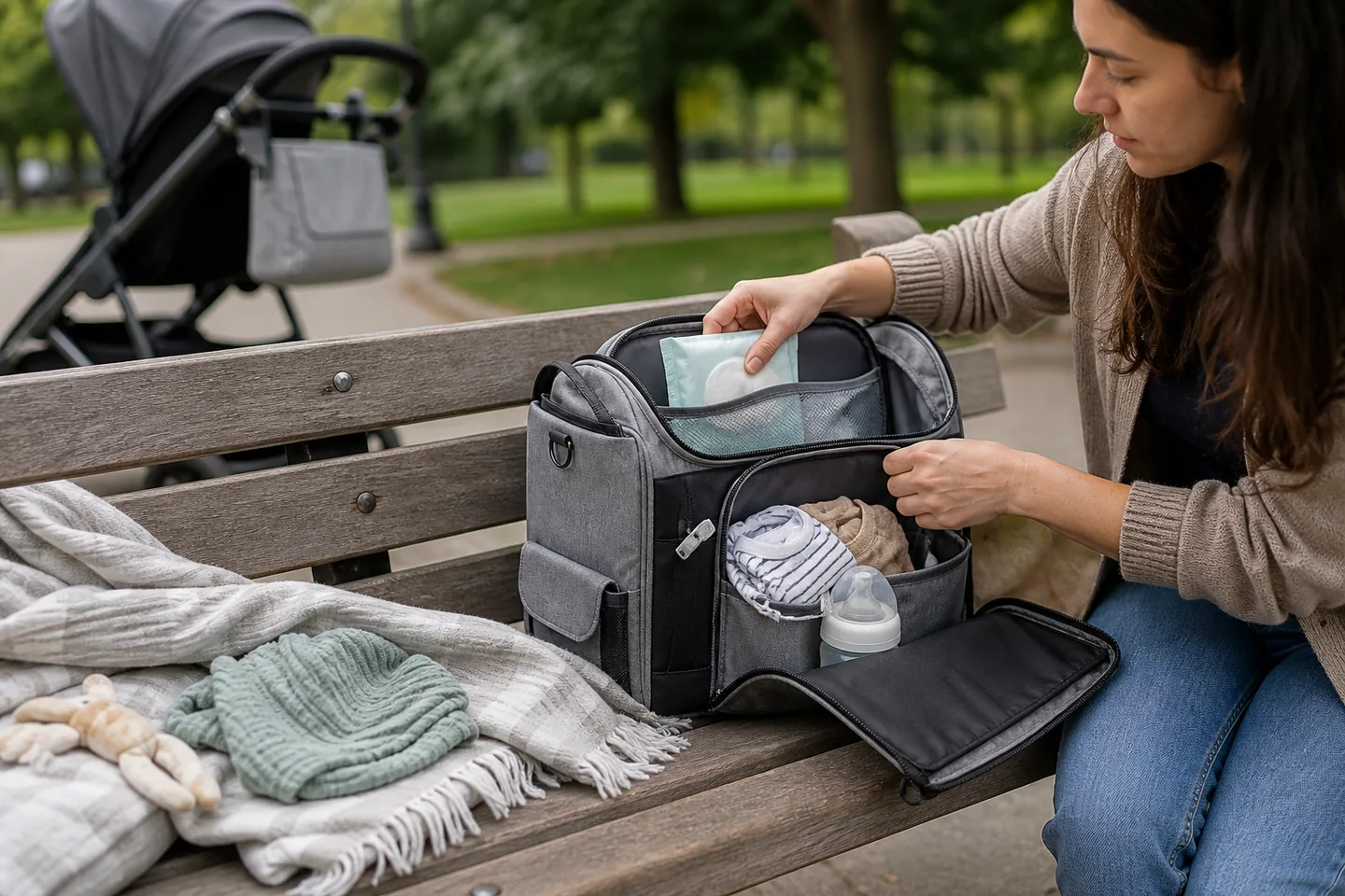 Organized diaper bag packed with a compact changing kit on a family entryway bench