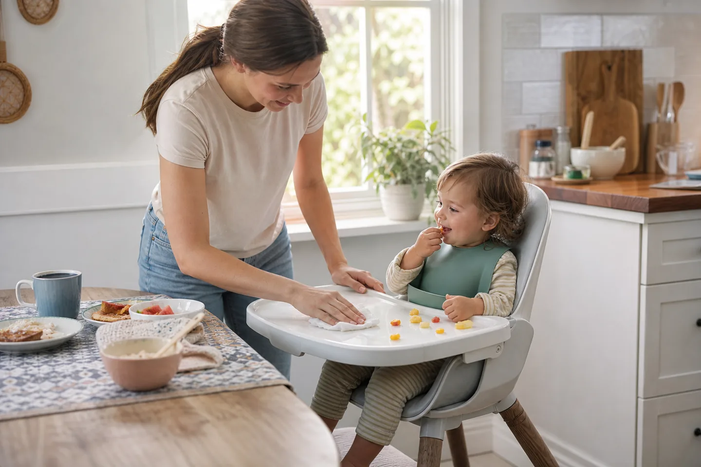 Simple high chair beside a family breakfast table with wipe-clean tray and natural light