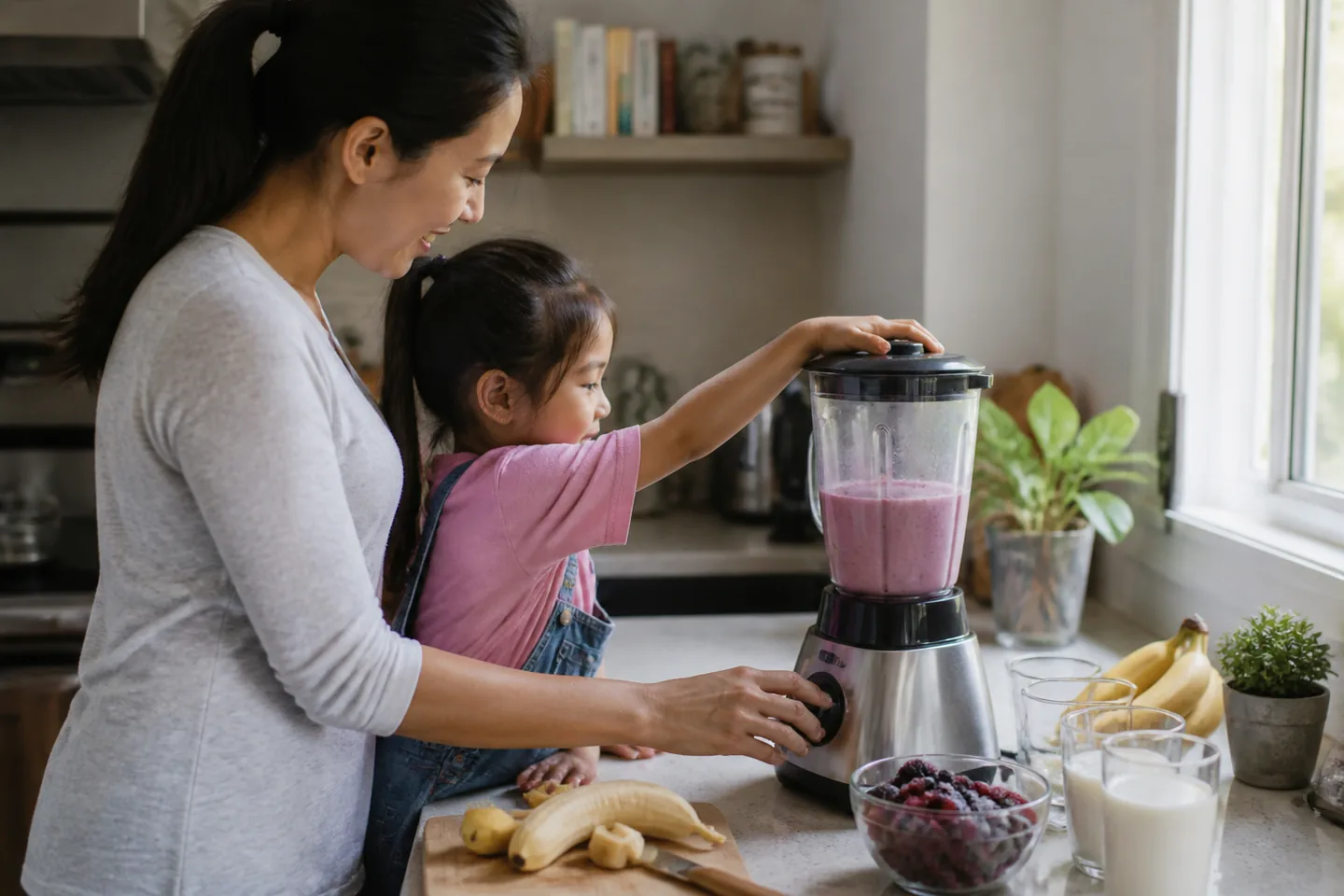 Countertop blender prepared with fruit for a family breakfast in a bright domestic kitchen