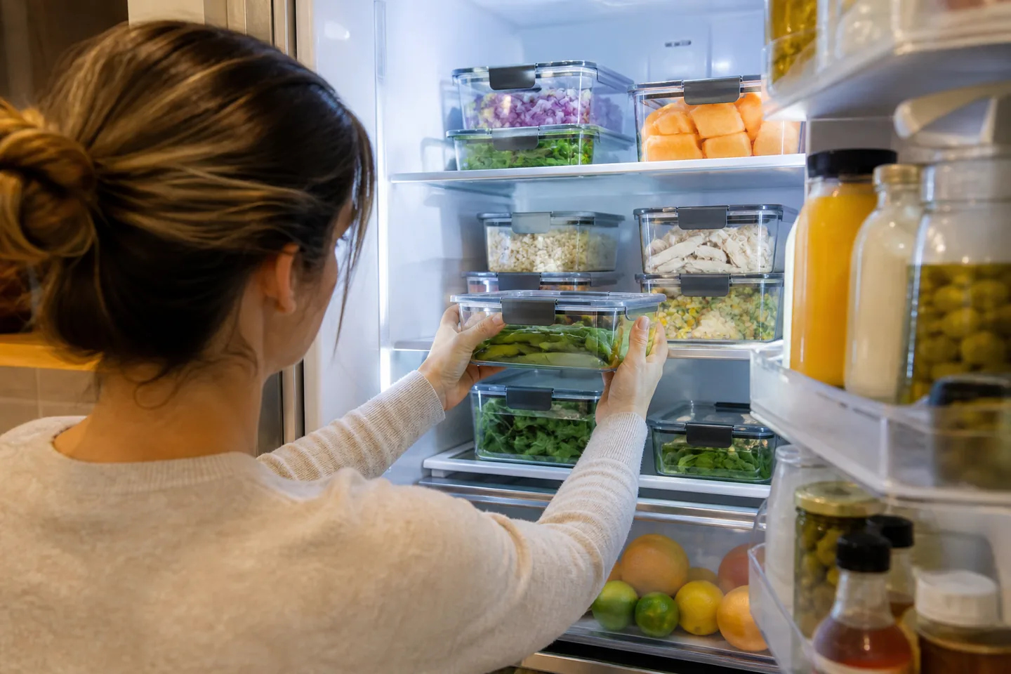 Clear food storage containers arranged with vegetables and prepared family meal portions on a bright kitchen counter