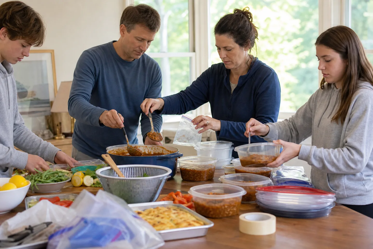 Neatly labeled freezer meal containers stacked with prepared family dinners on a kitchen island