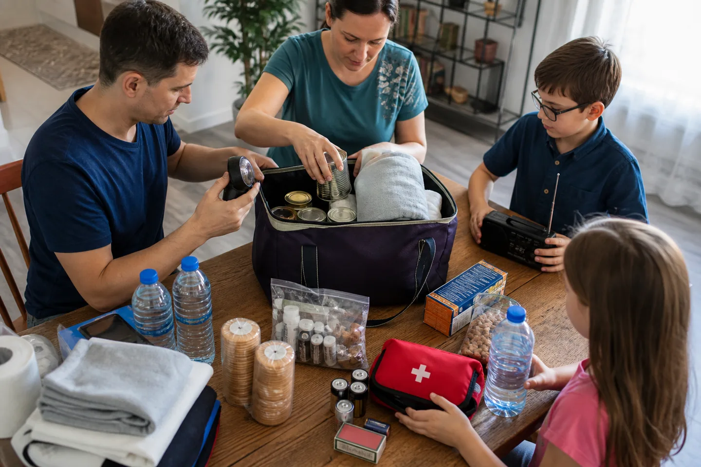 Family reviewing torches, water, radio, documents, and dated supplies for a home emergency kit at a dining table