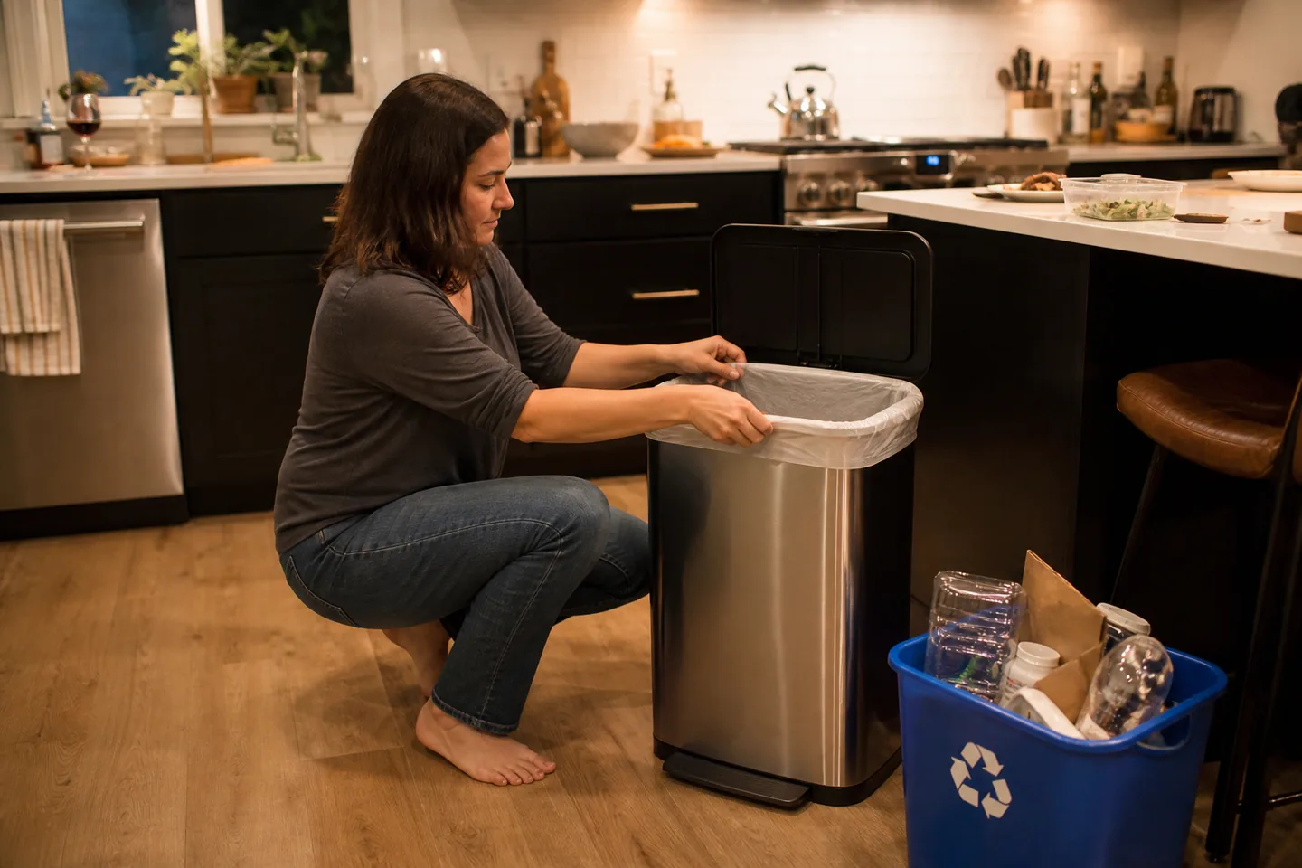 Slim kitchen trash can measured beside cabinets in a clean family kitchen