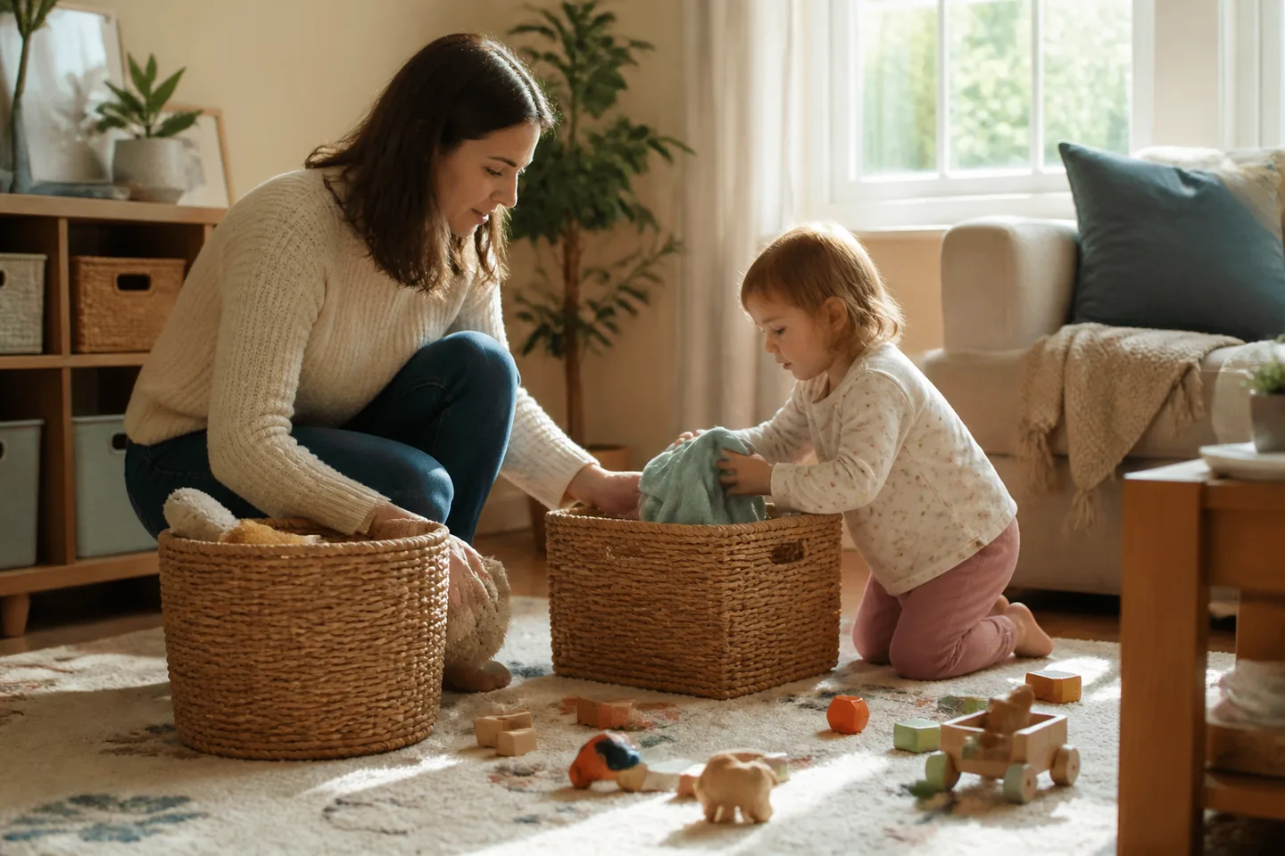 Family resetting toys, throws, and books into labeled storage baskets in a lived-in living room