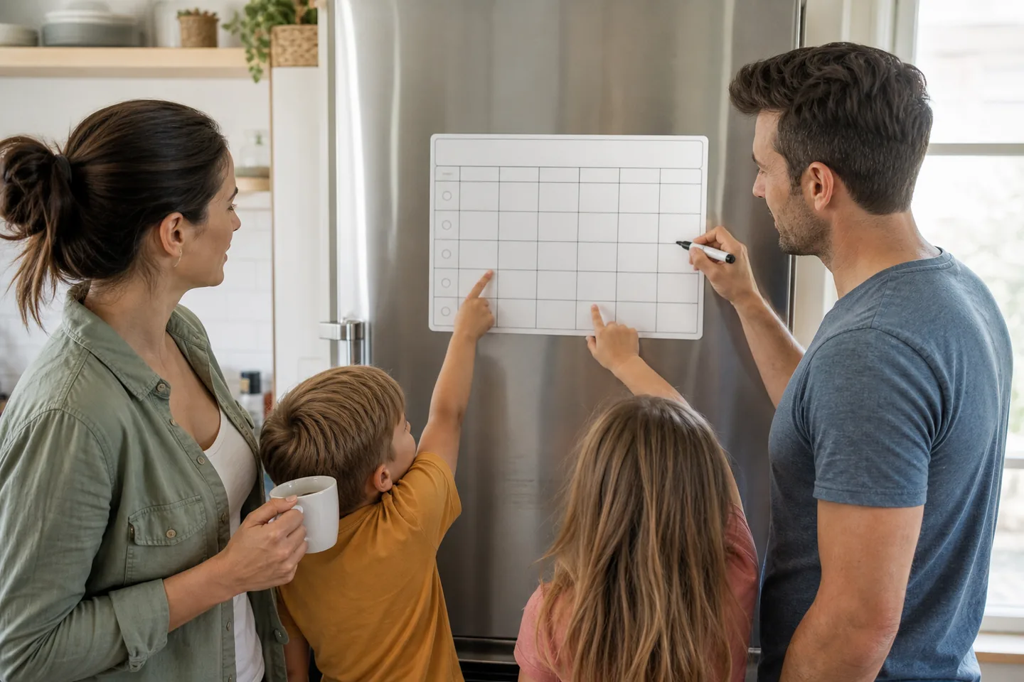 Magnetic weekly family planner with meals, pickups, and appointments on a bright kitchen wall