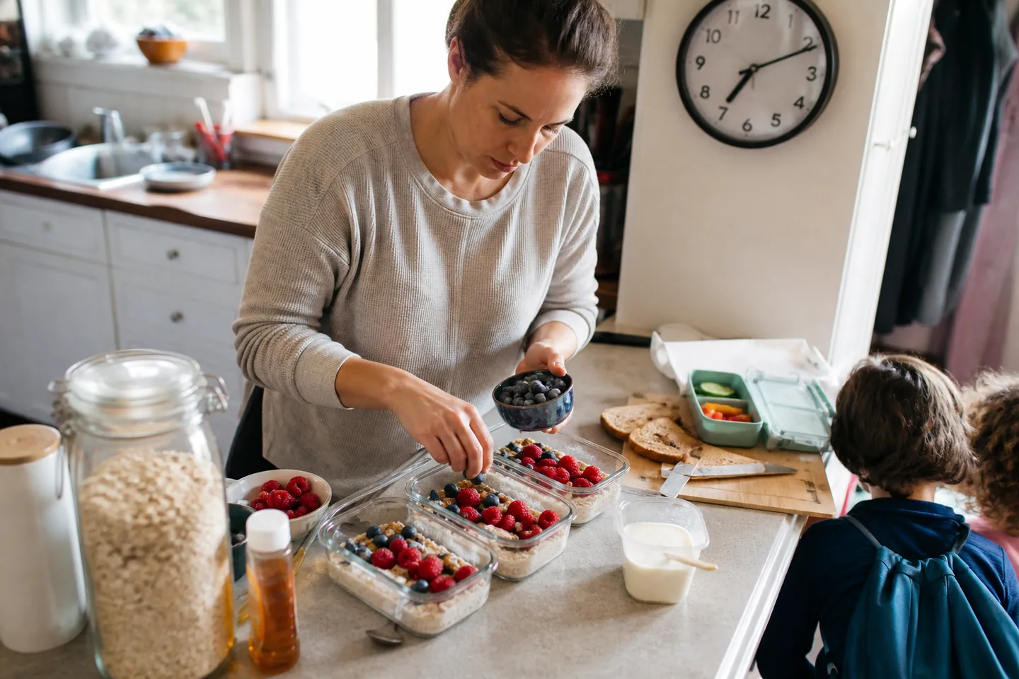 Parent arranging overnight oats, fruit, and breakfast containers in the refrigerator for a busy family morning