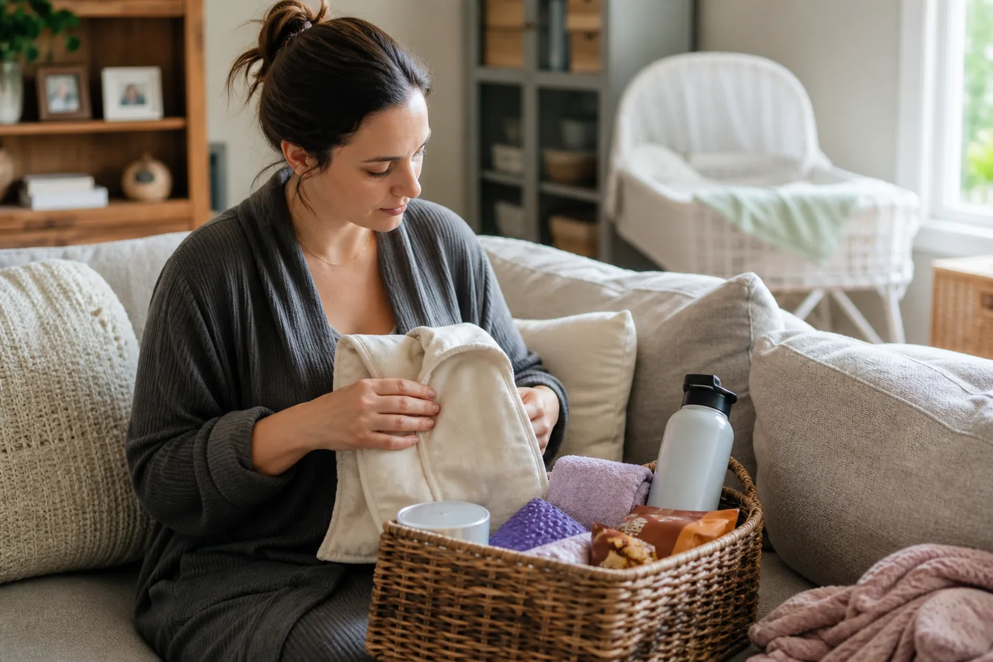 Partner arranging water, clean cloths, a phone cable, and individually chosen postpartum supplies in a bedside basket