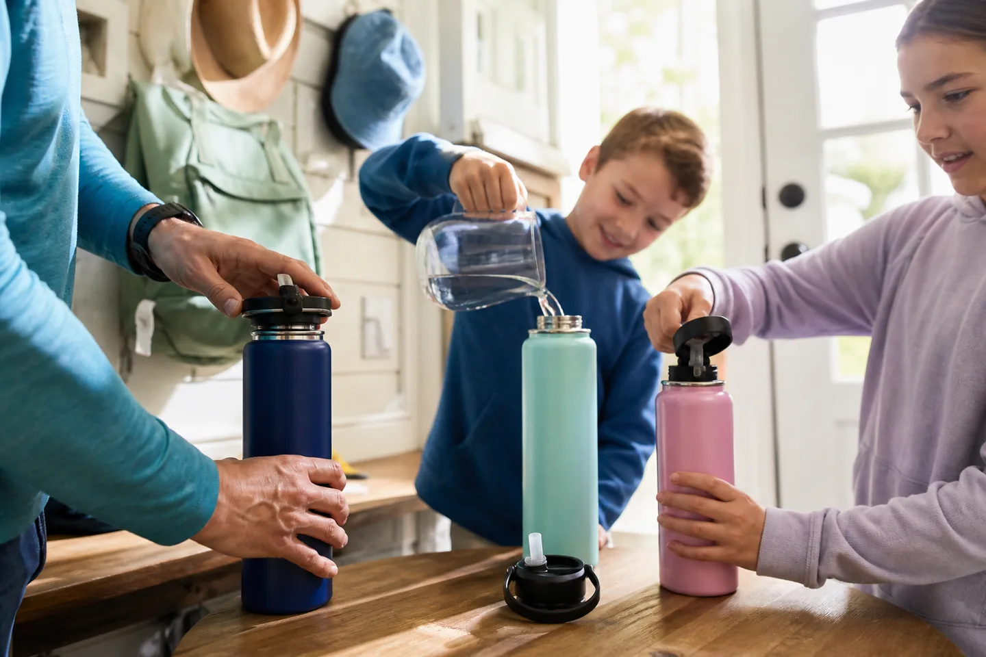 Three different reusable water bottles labeled for school, work, and outings on a family kitchen counter