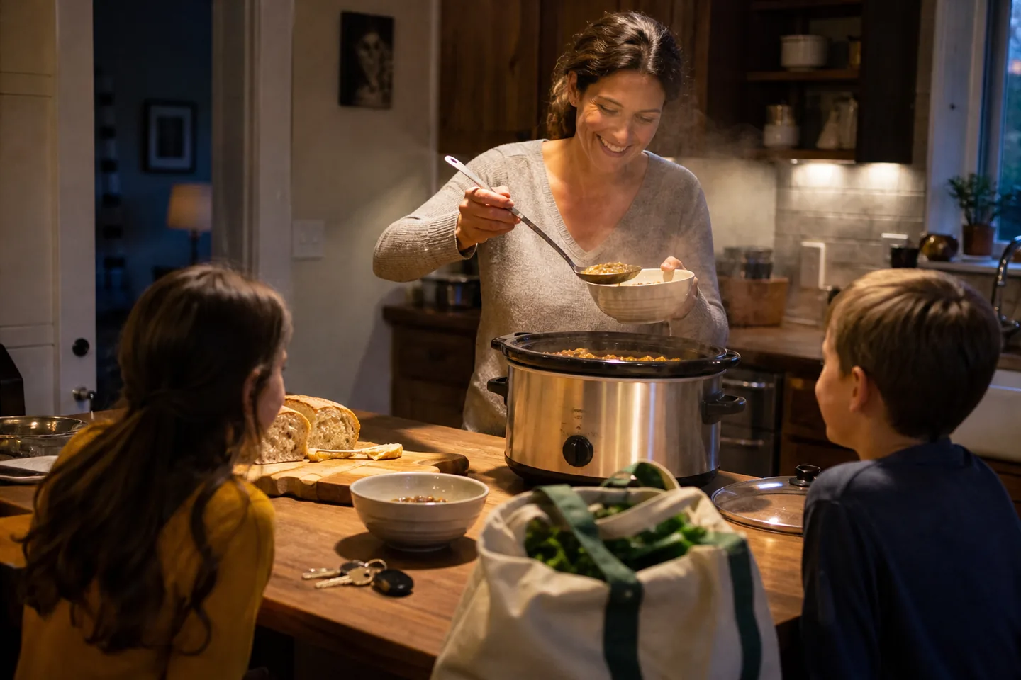 Slow cooker with a prepared family stew beside vegetables on a warm kitchen worktop