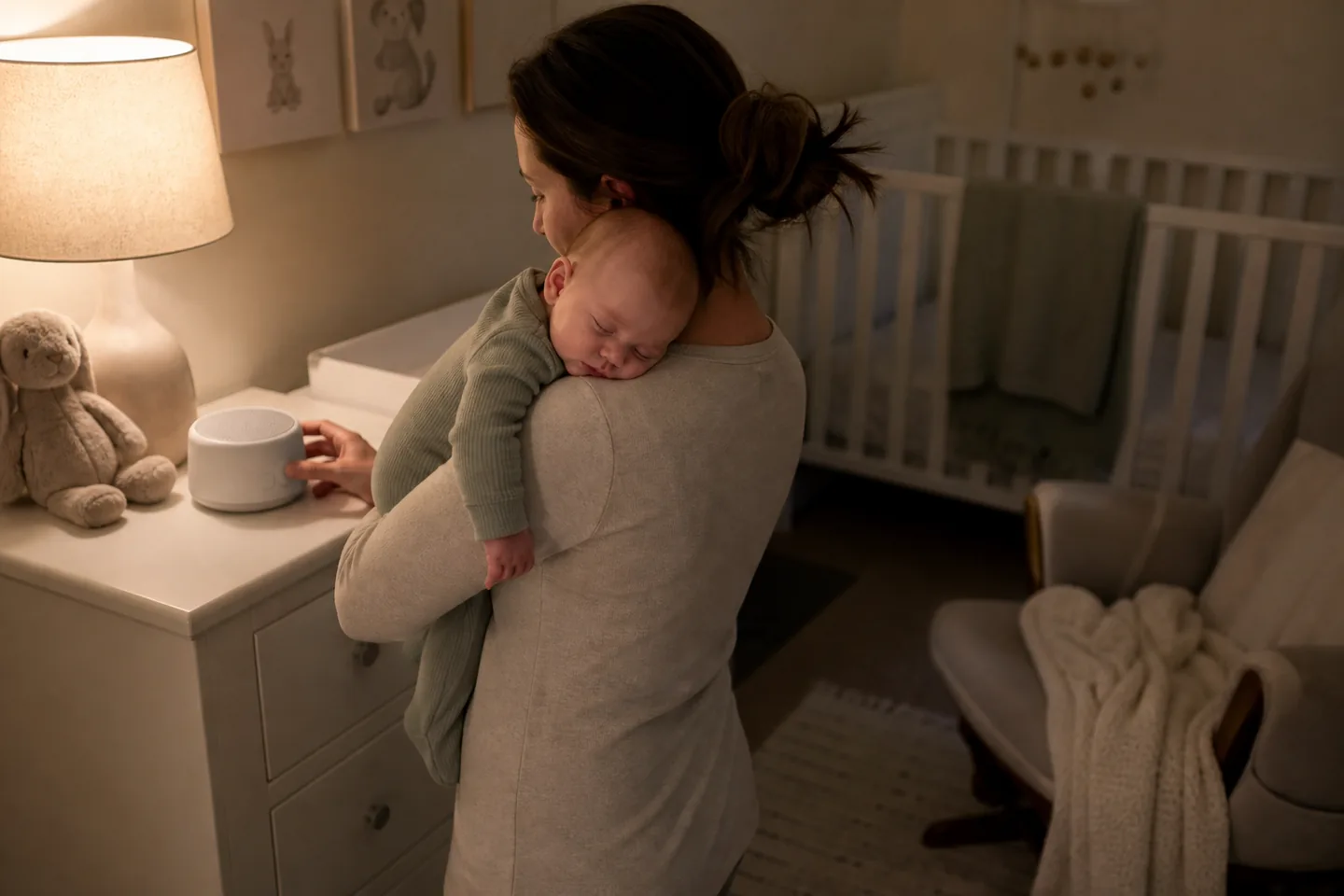 Caregiver adjusting a small white noise machine on a distant dresser during a calm bedtime routine